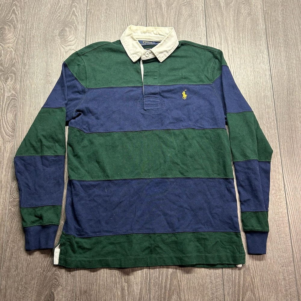 Polo Ralph Lauren Mens Small Classic Fit Rugby Shirt Green Navy Blue Striped
